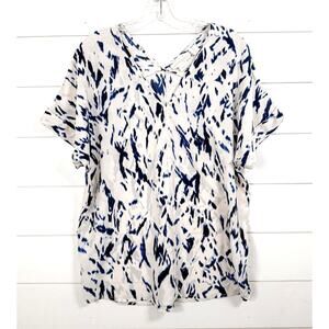 Cynthia Rowley Abstract 100% Silk Print V-Neck Blue White Blouse Medium